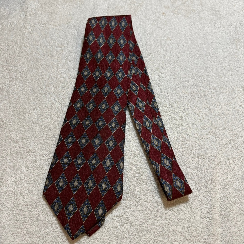 Christian Dior Cravate Silk Tie Burgundy Blue Gold Geometric Diamond Made Canada